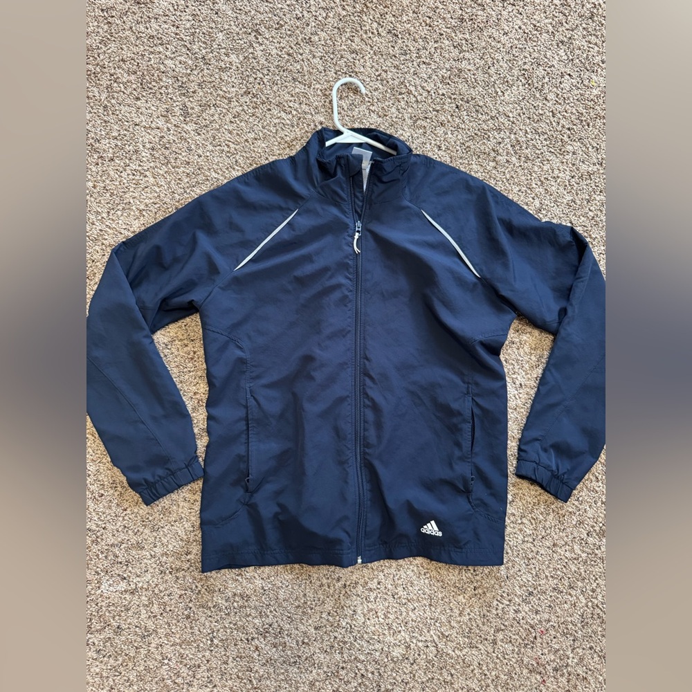 adidas women’s Navy Blue Full-Zip Windbreaker Jacket with White Trim